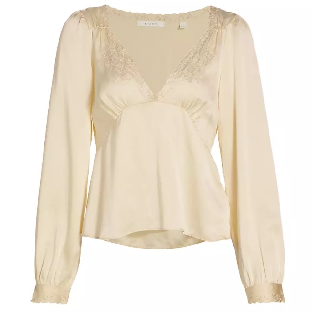 Doen Freyda broderie anglaise-trimmed silk-satin blouse. Size small. Worn once.
